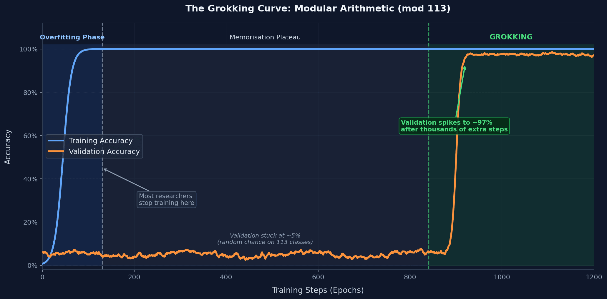 Figure 1 — Training vs. Validation Accuracy on a modular addition task (mod 113). The dashed line on the left marks where any reasonable engineer would stop training. The orange line—validation accuracy—sits near random chance for hundreds of steps, then spikes to near-perfect during the grokking transition on the right.